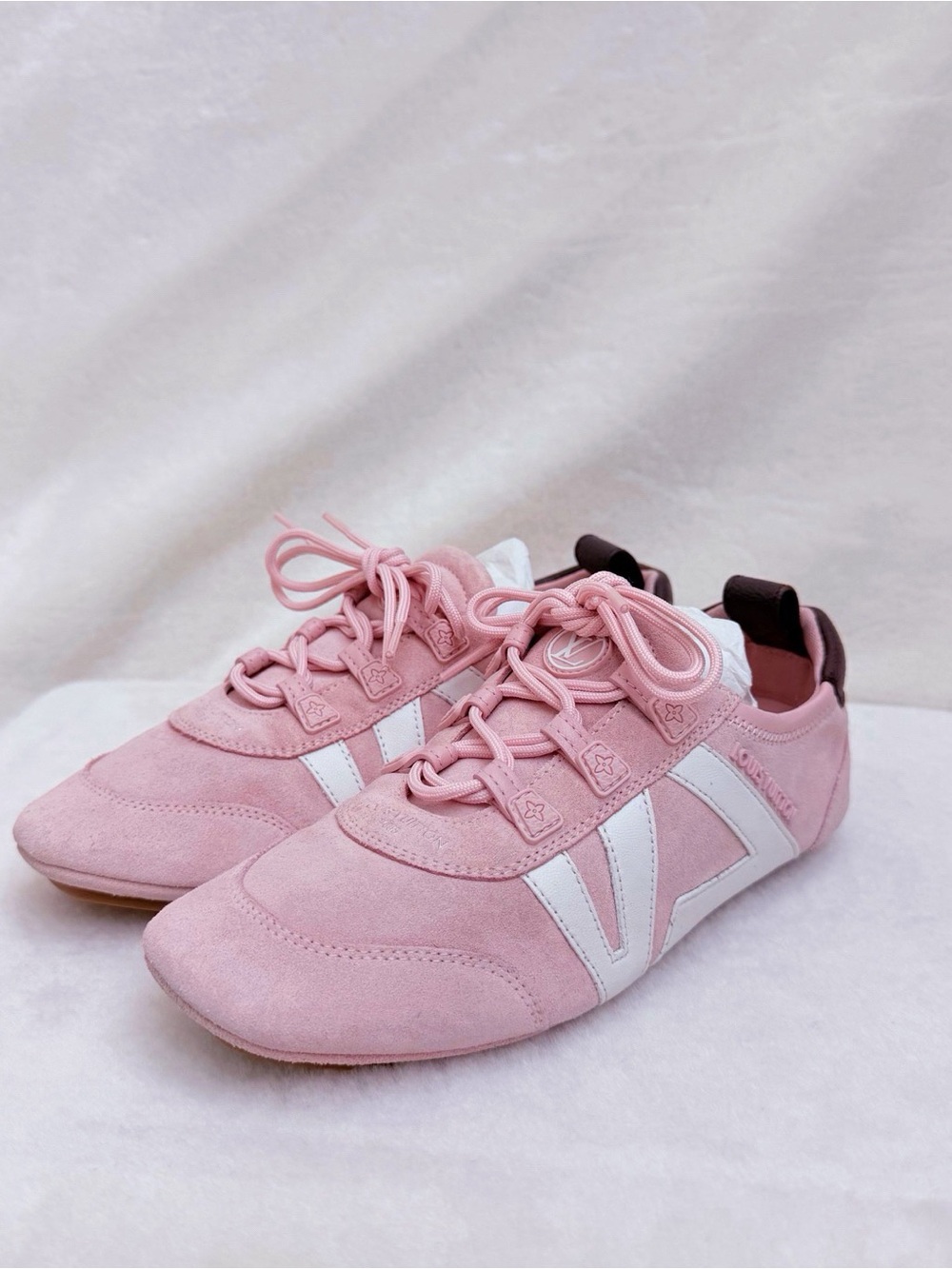 Louis Vuitton Pink Suede Sneakers with White Stripes